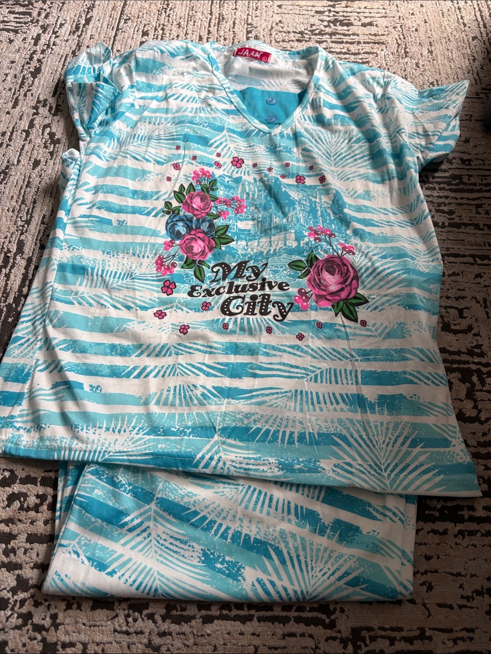 Kids Aqua Stripe Floral Pajama Set -